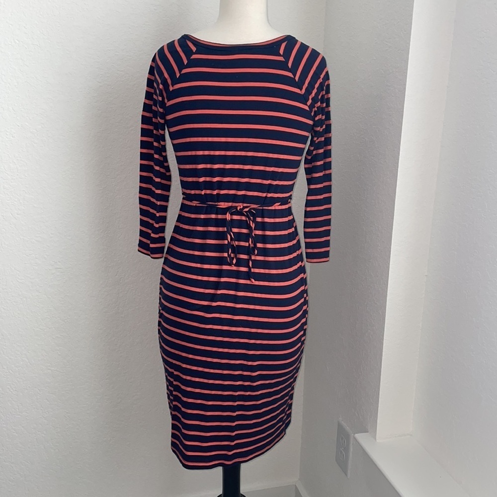 MOTHERHOOD maternity orange and navy blue midi dress with ties in size small - Picture 6 of 11